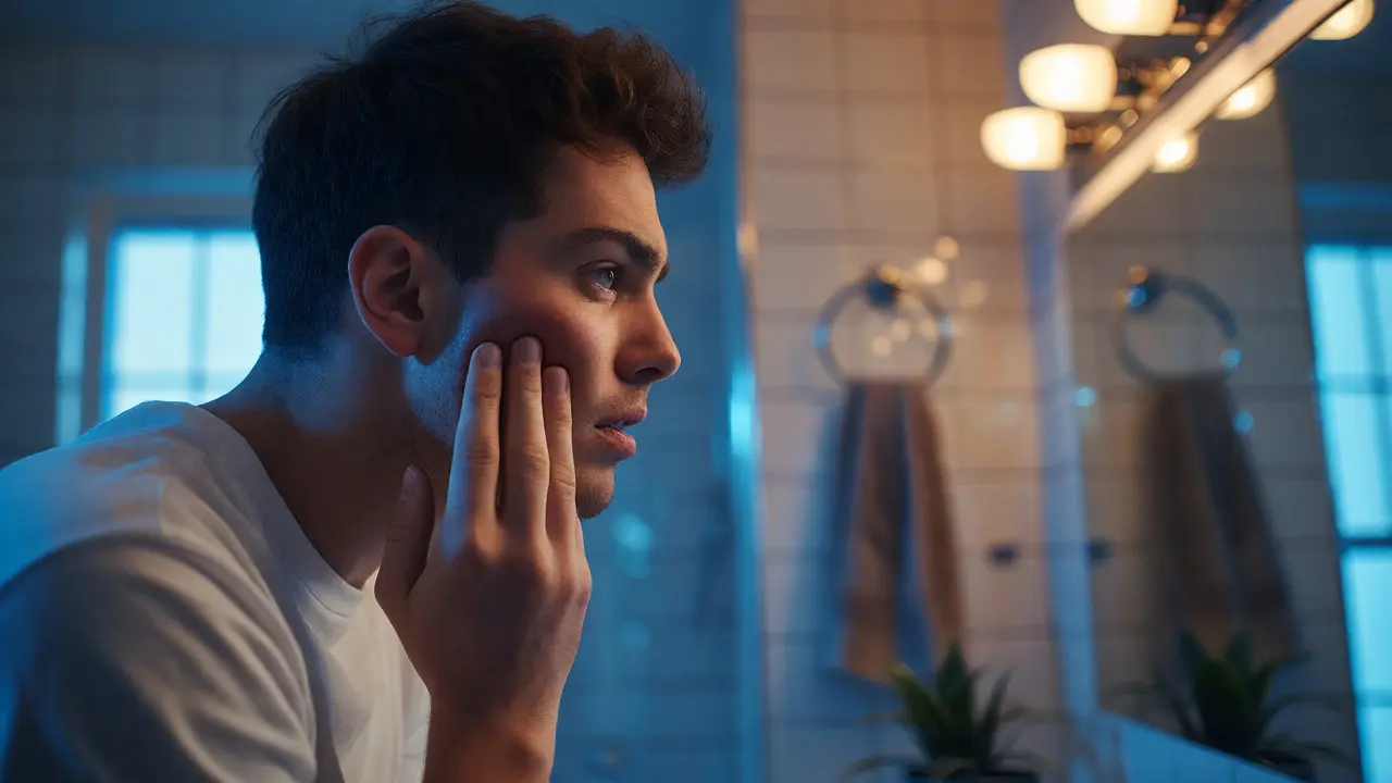 Mladý dospělý drží tvář při bolesti způsobené růstem moudráku v koupelně