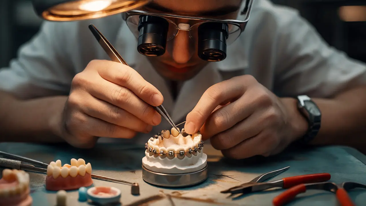 Technik v zubní laboratoři ručně umisťuje brackety na sádru se zuby