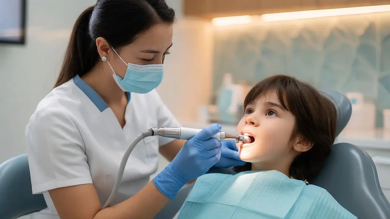 Dentální hygienistka jemně čistí zuby dítěte v ordinaci.