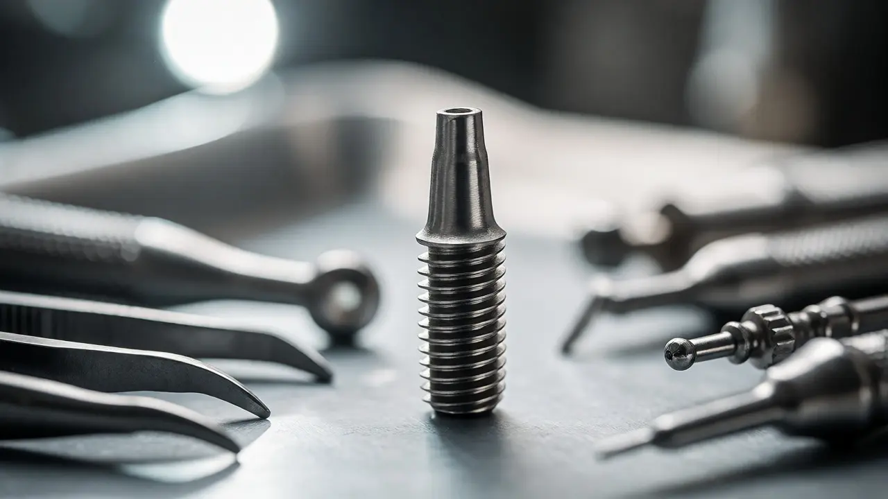Detailní makro fotografie titanového zubního implantátu na sterilním nástrojovém podnosu.