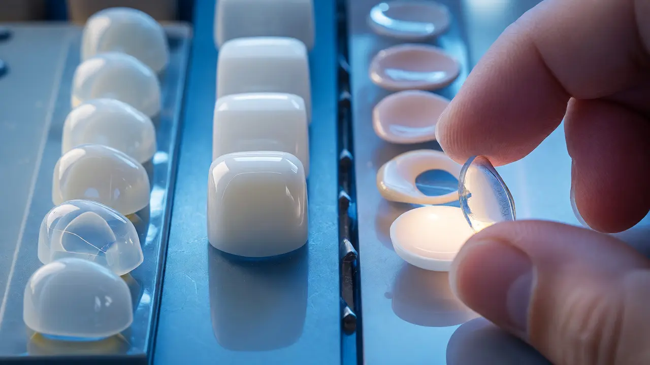 Detailní pohled na různé typy keramických materiálů pro fazety v laboratoři