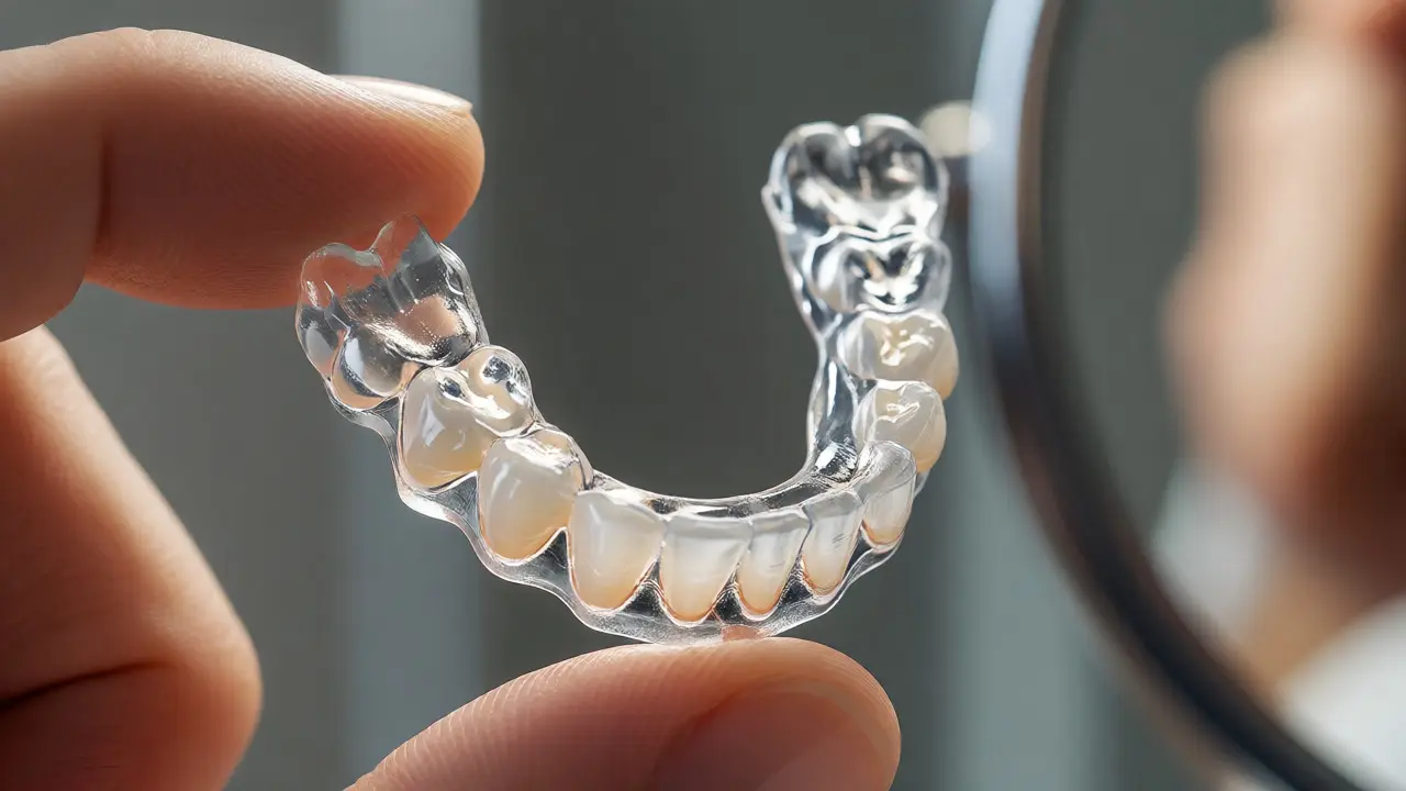 Průhledný retainer držený v ruce před pozadím s rovnými zuby.
