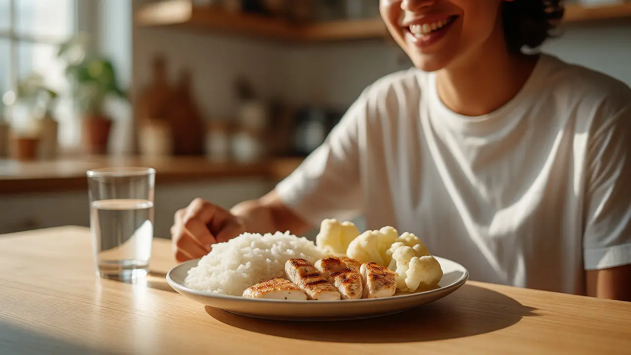 Úsměvná osoba jí bílou dietu s rýží a kuřecím masem po bělení zubů.